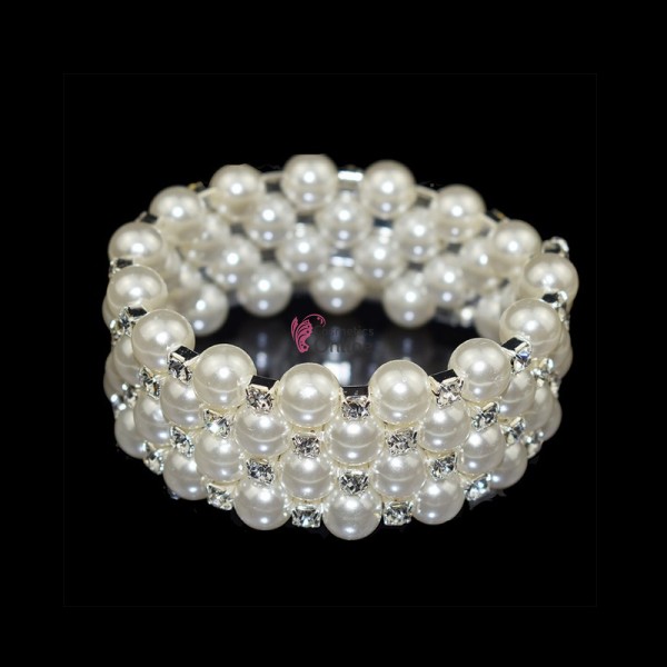 Bratara eleganta de mana BRM004DD Argintie cu cristale si perle pentru mireasa